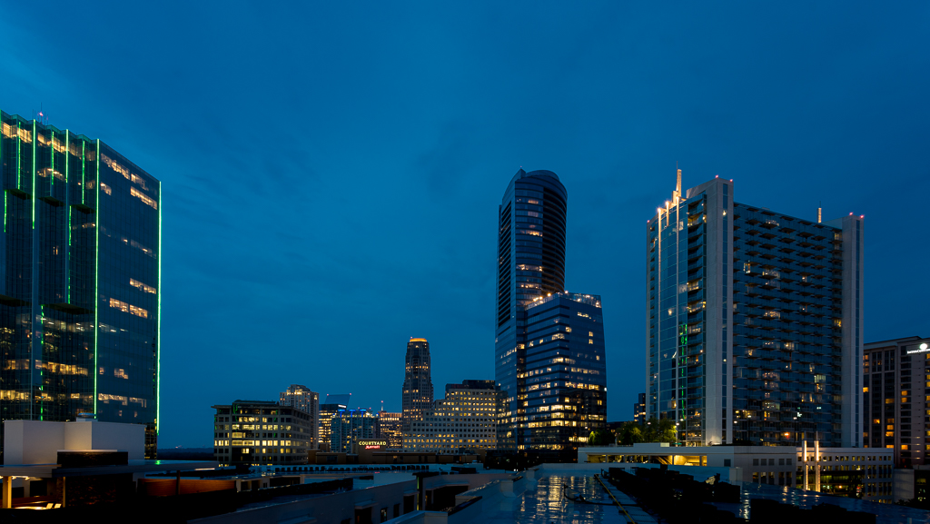 Exterior shot of Atlanta skyline at dusk